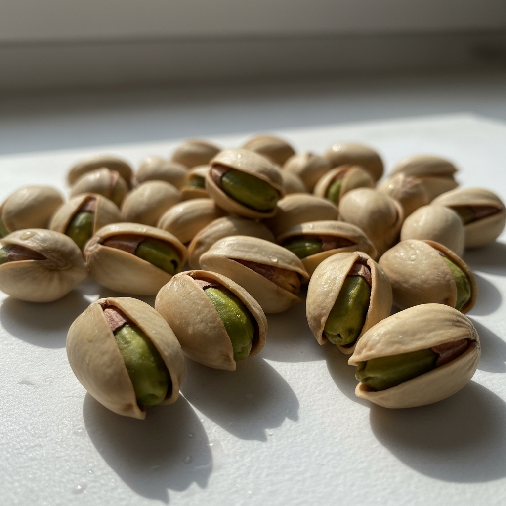 Pistachio close-up showing green kernels