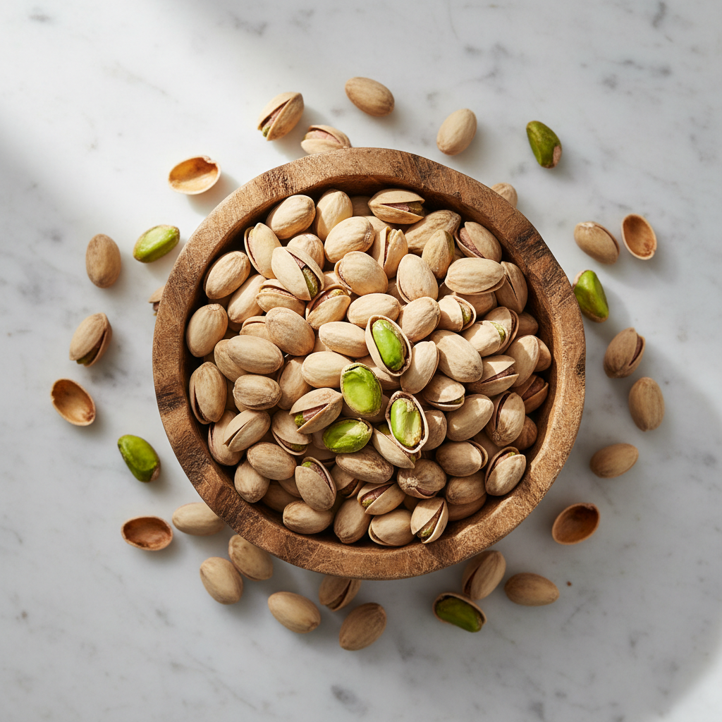 Top view of pistachios in rustic bowl